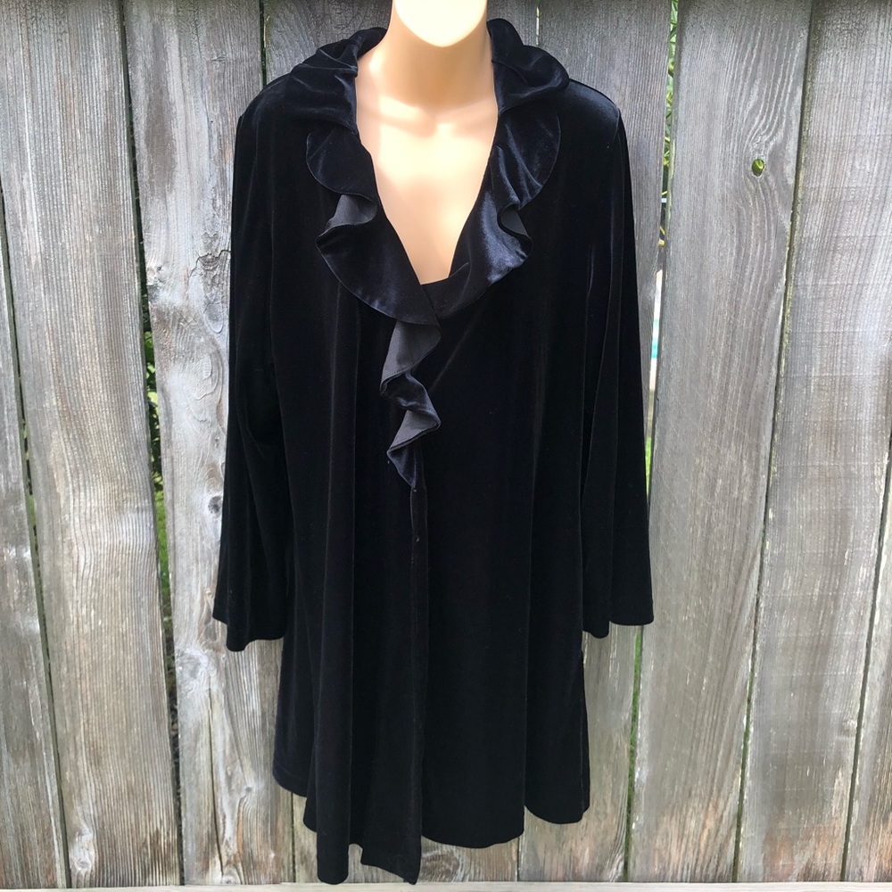Oscar de la Renta Robe Black Velvet Ruffle Neck - Picture 1 of 7